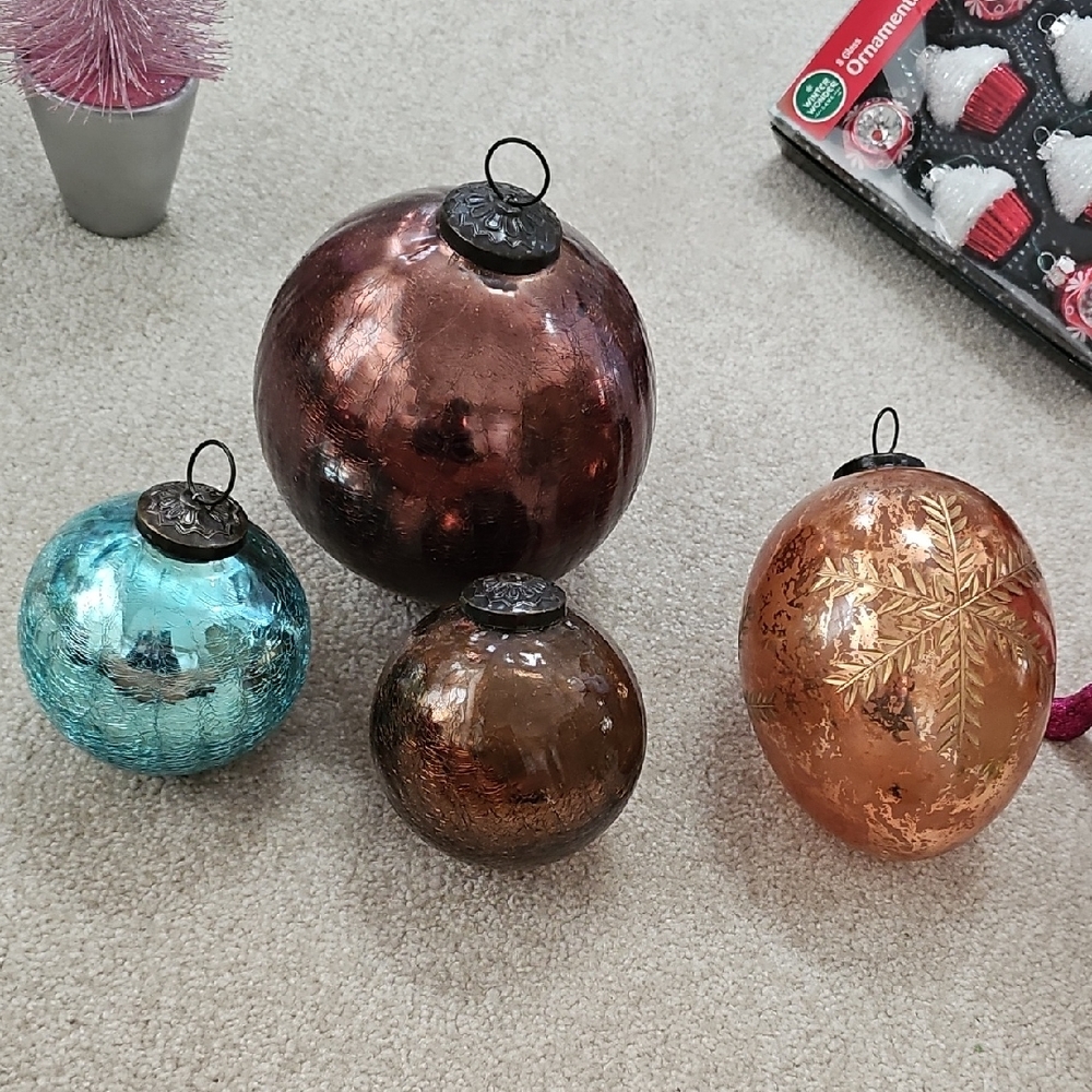 Elegant Copper and Teal Holiday Ornaments Set Germany Glass Mercury Cinnamon 4pc